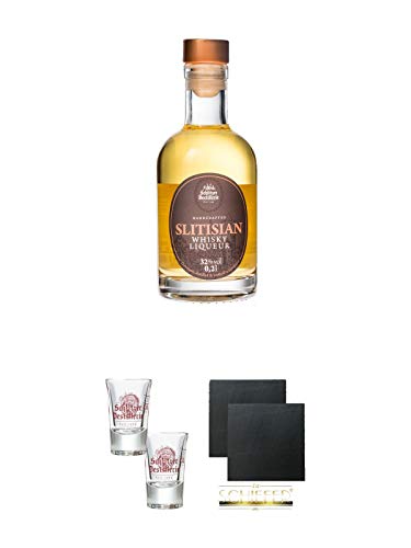 Schlitzer Slitisian Likör (Whisky-Likör) 0,2 Liter halbe + Schlitzer Stamper 0,02 Liter mit Eichstrich 2 Stück + Schiefer Glasuntersetzer eckig ca. 9,5 cm Ø 2 Stück von Unbekannt