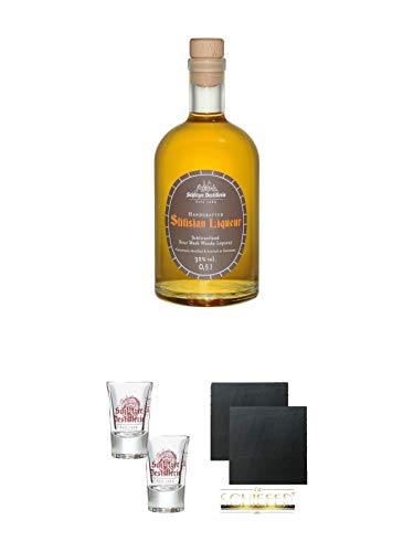 Schlitzer Slitisian Likör (Whisky-Likör) 0,5 Liter + Schlitzer Stamper 0,02 Liter mit Eichstrich 2 Stück + Schiefer Glasuntersetzer eckig ca. 9,5 cm Ø 2 Stück von Unbekannt