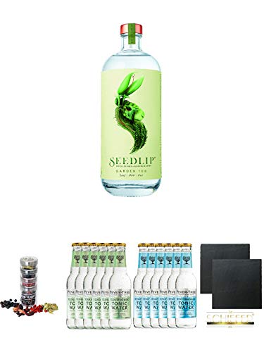 Seedlip 108 Garden Alkoholfrei 0,7 Liter + Gin Flight Gewürze zum Verfeinern von Gin Tonic 1er Pack 1 x 12 Gramm + Fever Tree Elderflower Tonic Water 6 x 0,2 Liter + Fever Tree Mediterranean Tonic Water 6 x 0,2 Liter + Schiefer Glasuntersetzer eckig ca. 9 von Unbekannt