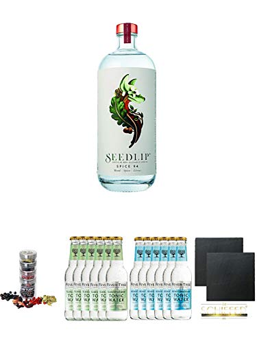 Seedlip Spice 94 Alkoholfrei 0,7 Liter + Gin Flight Gewürze zum Verfeinern von Gin Tonic 1er Pack 1 x 12 Gramm + Fever Tree Elderflower Tonic Water 6 x 0,2 Liter + Fever Tree Mediterranean Tonic Water 6 x 0,2 Liter + Schiefer Glasuntersetzer eckig ca. 9,5 von Unbekannt