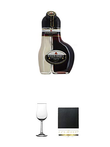 Sheridan's Coffee Irish Likör 0,5 Liter + Whisky Nosing Gläser Kelchglas Bugatti mit Eichstrich 2cl und 4cl 1 Stück + Schiefer Glasuntersetzer eckig ca. 9,5 cm Durchmesser von Unbekannt