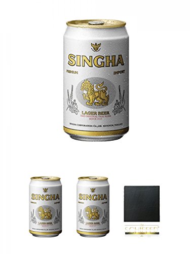 Singha Thailand Bier 0,33 Liter in Dose inklusive Dosenpfand + Singha Thailand Bier 0,33 Liter in Dose inklusive Dosenpfand + Singha Thailand Bier 0,33 Liter in Dose inklusive Dosenpfand + Schiefer Glasuntersetzer eckig ca. 9,5 cm Durchmesser von Unbekannt