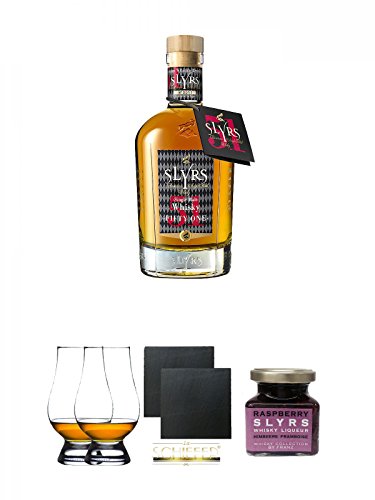 Slyrs (51%) Fifty One Single Malt Whisky Deutschland 0,35 Liter + The Glencairn Glass Whisky Glas Stölzle 2 Stück + Schiefer Glasuntersetzer eckig ca. 9,5 cm Ø 2 Stück + Slyrs Whisky Likör Raspberry 150 Gramm Glas von Unbekannt