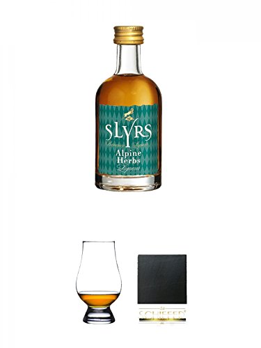 Slyrs Alpine Herbs Likör Deutschland 5 cl + The Glencairn Glass Whisky Glas Stölzle 1 Stück + Schiefer Glasuntersetzer eckig ca. 9,5 cm Durchmesser von Unbekannt