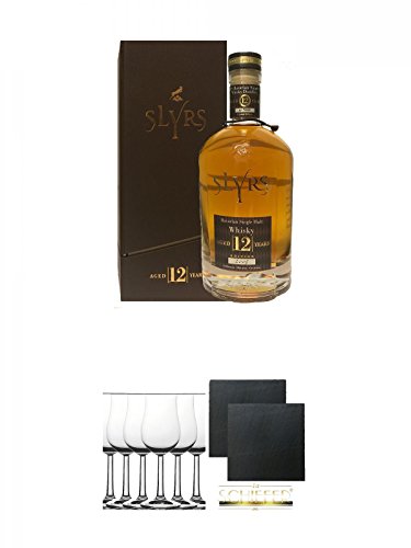 Slyrs Bavarian Whisky - 12 Jahre in GP 0,7 Liter + Whisky Nosing Gläser Kelchglas Bugatti mit Eichstrich 2cl und 4cl 6 Stück + Schiefer Glasuntersetzer eckig ca. 9,5 cm Ø 2 Stück von Unbekannt
