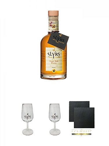 Slyrs Bavarian Whisky Deutschland 0,35 Liter + Slyrs Whiskyglas mit Eichstrich 2 cl 1er Pack + Slyrs Whiskyglas mit Eichstrich 2 cl 1er Pack + Schiefer Glasuntersetzer eckig ca. 9,5 cm Ø 2 Stück von Unbekannt