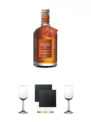 Slyrs Bavarian Whisky Pedro Ximenez PX 3 Deutschland 0,7 Liter + Whisky Nosing Gläser Kelchglas Bugatti mit Eichstrich 2cl und 4cl 1 Stück + Schiefer Glasuntersetzer eckig ca. 9,5 cm Ø 2 Stück + Whisky Nosing Gläser Kelchglas Bugatti mit Eichstrich 2cl un von Unbekannt