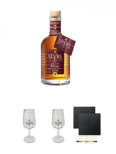 Slyrs Bavarian Whisky Port No. 2 Deutschland 0,35 Liter + Slyrs Whiskyglas mit Eichstrich 2 cl 1er Pack + Slyrs Whiskyglas mit Eichstrich 2 cl 1er Pack + Schiefer Glasuntersetzer eckig ca. 9,5 cm Ø 2 Stück von Unbekannt