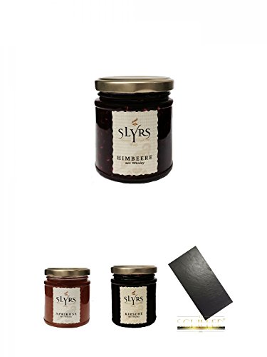 Slyrs Himbeere Marmelade 225 Gramm Glas + Slyrs Aprikosen Marmelade 225 Gramm Glas + Slyrs Kirsche Marmelade 225 Gramm Glas + Buffet-Platte Servierplatte Schieferplatte aus Schiefer 60 x 30 cm schwarz von Unbekannt