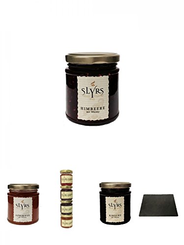 Slyrs Himbeere Marmelade 225 Gramm Glas + Slyrs Aprikosen Marmelade 225 Gramm Glas + Slyrs Marmelade Mini Set 4 x 50 Gramm 200 Gramm + Slyrs Kirsche Marmelade 225 Gramm Glas + Käseplatten - 1 er - Set 22 x 16 aus Schiefer für Dinnerpartys und Veranstaltun von Unbekannt