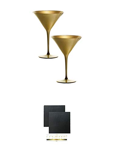 Stölzle Cocktail-und Martiniglas Olympic Serie 2 Stück gold - 1408325 + Schiefer Glasuntersetzer eckig ca. 9,5 cm Ø 2 Stück von Unbekannt