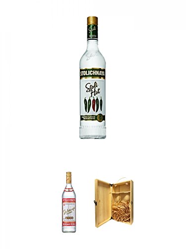 Stolichnaya Hot (Jalapeno Flavour) 37,5% 0,7 Liter + Stolichnaya Vodka 0,7 Liter + 1a Whisky Holzbox für 2 Flaschen mit Hakenverschluss von Unbekannt