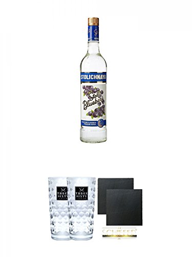 Stolichnaya Raspberry Blueberi Vodka 37,5% 0,7 Liter + Three Sixty Vodka Gläser 2 Stück + Schiefer Glasuntersetzer eckig ca. 9,5 cm Ø 2 Stück von Unbekannt