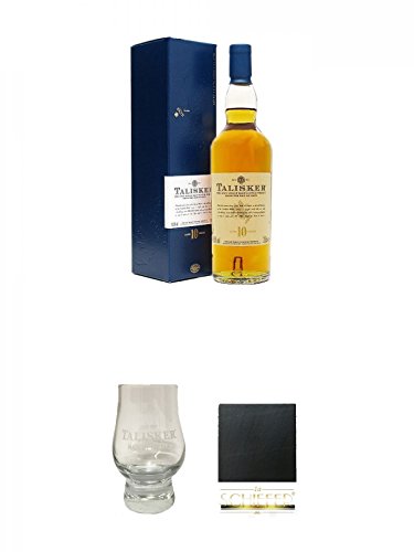 Talisker 10 Jahre Single Malt Whisky 0,2 Liter + Talisker Whisky Glas mit Eichstrich 4 cl + Schiefer Glasuntersetzer eckig ca. 9,5 cm Durchmesser von Unbekannt