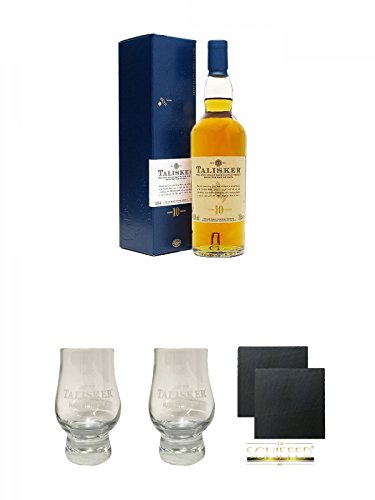 Talisker 10 Jahre Single Malt Whisky 0,2 Liter + Talisker Whisky Glas mit Eichstrich 4 cl + Talisker Whisky Glas mit Eichstrich 4 cl + Schiefer Glasuntersetzer eckig ca. 9,5 cm Ø 2 Stück von Unbekannt