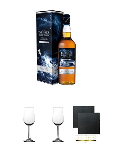 Talisker Dark Storm Single Malt Whisky 1,0 Liter + Whisky Nosing Gläser Kelchglas Bugatti mit Eichstrich 2cl und 4cl 1 Stück + Whisky Nosing Gläser Kelchglas Bugatti mit Eichstrich 2cl und 4cl 1 Stück + Schiefer Glasuntersetzer eckig ca. 9,5 cm Ø 2 Stück von Unbekannt