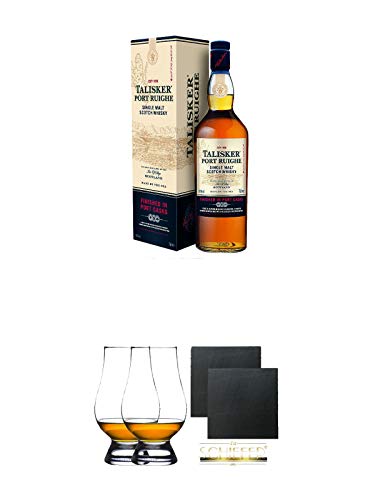 Talisker Port Ruighe Single Malt Whisky 0,7 Liter + The Glencairn Glas Stölzle 2 Stück + Schiefer Glasuntersetzer eckig ca. 9,5 cm Ø 2 Stück von Unbekannt