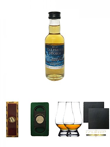 Talisker Storm Isle of Skye Single Malt Whisky 0,05 Liter Miniatur + BrickHouse Streichhölzer + Craftsman's Bench Zigarrencutter + The Glencairn Glass Whisky Glas Stölzle 2 Stück + Schiefer Glasuntersetzer eckig ca. 9,5 cm Ø 2 Stück von Unbekannt