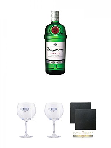 Tanqueray London Dry Gin 0,7 Liter + Citadelle Ballon GIN Glas 1 Stück + Citadelle Ballon GIN Glas 1 Stück + Schiefer Glasuntersetzer eckig ca. 9,5 cm Ø 2 Stück von Unbekannt