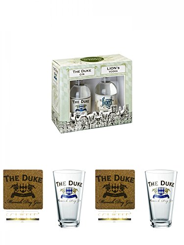 The Duke Gin/Lions Vodka Set 2 x 0,1 Liter + Kork Glasuntersetzer "The Duke Gin" eckig ca. 9,5 cm Durchmesser + The Duke Long Drink Glas 0,3 Liter 1 Stück + Kork Glasuntersetzer "The Duke Gin" eckig ca. 9,5 cm Durchmesser + The Duke Long Drink Glas 0,3 Li von Unbekannt