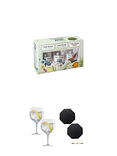 The Duke Gin Trio 3 x 0,05 Liter Miniaturen Set + Spiegelau Gin & Tonic 4390179 2 Gläser + Schiefer Glasuntersetzer achteckig 2 x ca. 9,5 cm Durchmesser von Unbekannt