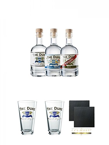 The Duke Gin Trio 3 x 0,05 Liter Miniaturen Set + The Duke Long Drink Glas 0,3 Liter 1 Stück + The Duke Long Drink Glas 0,3 Liter 1 Stück + Schiefer Glasuntersetzer eckig ca. 9,5 cm Ø 2 Stück von Unbekannt