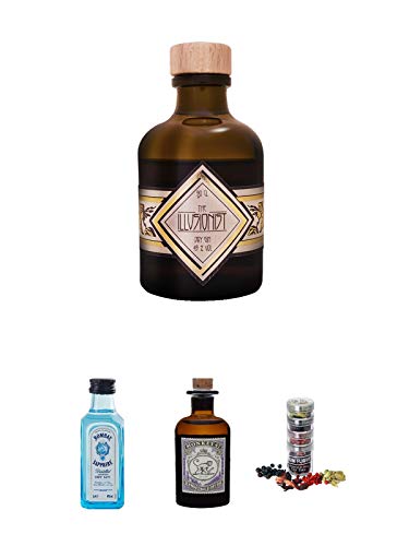The Illusionist Dry Gin 0,05 Liter Miniatur + Bombay Sapphire Gin 5 cl Miniatur + Monkey 47 Schwarzwald Dry Gin 5 cl MINIATUR + Gin Flight Gewürze zum Verfeinern von Gin Tonic 1er Pack 1 x 12 Gramm von Unbekannt