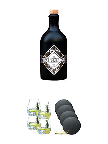 The Illusionist Dry Gin 0,5 Liter + Gin Tonic Glas - 5414/67 4er Set + Schiefer Glasuntersetzer rund 4 x ca. 9,5 cm Durchmesser von Unbekannt