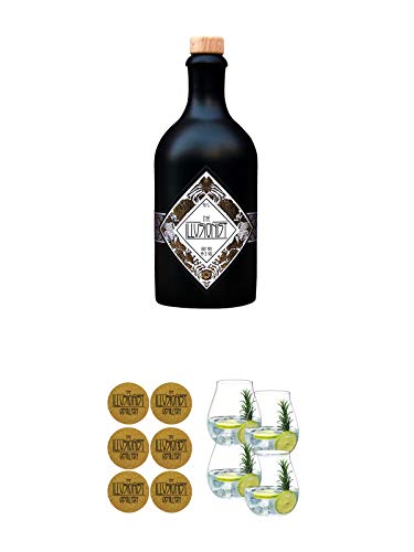 The Illusionist Dry Gin 0,5 Liter + Kork Glasuntersetzer"Illusionist Gin" Logoschrift 6 Stück eckig ca. 9,5 cm Durchmesser + Gin Tonic Glas - 5414/67 4er Set von Unbekannt