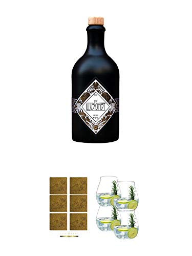 The Illusionist Dry Gin 0,5 Liter + Kork Glasuntersetzer"Illusionist Gin" Zaubertrick eckig 6 Stück ca. 9,5 cm Durchmesser + Gin Tonic Glas - 5414/67 4er Set von Unbekannt