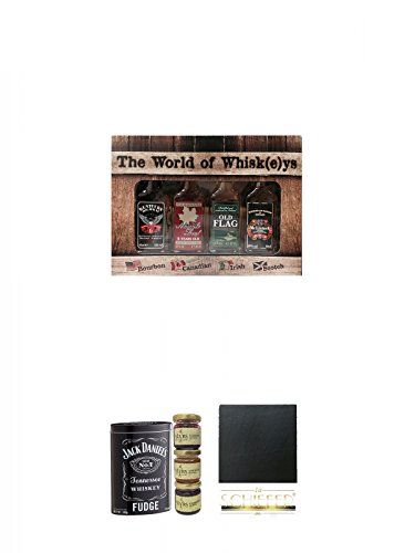The World of Whiskey Collection 4 x 4cl + Sweet Colletion Edradour Malt Whisky Fudge in Blechdose 300g und Slyrs Marmelade Mini Set 3 x 50g + Schiefer Glasuntersetzer eckig ca. 9,5 cm Durchmesser von Unbekannt