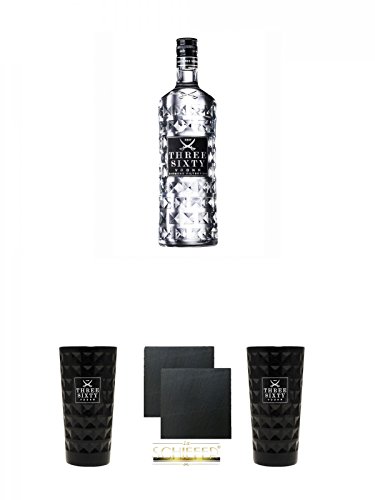 Three Sixty Vodka 1,0 Liter + Three Sixty black Vodka Glas 1 Stück (black) + Schiefer Glasuntersetzer eckig ca. 9,5 cm Ø 2 Stück + Three Sixty black Vodka Glas 1 Stück (black) von Unbekannt