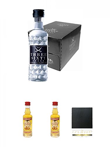 Three Sixty Vodka 24 x 4 cl Miniaturen + Rushkinoff Vodka & Caramel 0,04 Liter MINIATUR + Rushkinoff Vodka & Caramel 0,04 Liter MINIATUR + Schiefer Glasuntersetzer eckig ca. 9,5 cm Durchmesser von Unbekannt