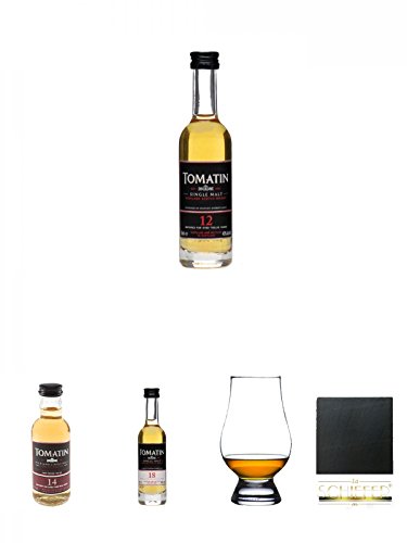 Tomatin 12 Jahre Single Malt Whisky Miniatur 5 cl + Tomatin 14 Jahre Single Malt Whisky Miniatur 5 cl + Tomatin 18 Jahre Single Malt Whisky Miniatur 5 cl + The Glencairn Glass Whisky Glas Stölzle 1 Stück + Schiefer Glasuntersetzer eckig ca. 9,5 cm Durchme von Unbekannt