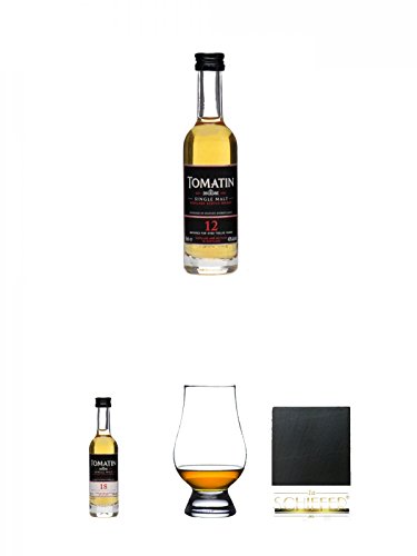 Tomatin 12 Jahre Single Malt Whisky Miniatur 5 cl + Tomatin 18 Jahre Single Malt Whisky Miniatur 5 cl + The Glencairn Glass Whisky Glas Stölzle 1 Stück + Schiefer Glasuntersetzer eckig ca. 9,5 cm Durchmesser von Unbekannt