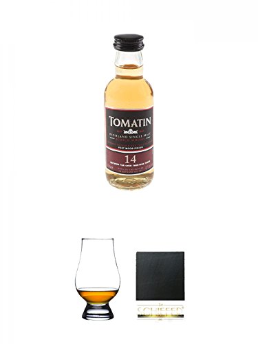 Tomatin 14 Jahre Single Malt Whisky Miniatur 5 cl + The Glencairn Glass Whisky Glas Stölzle 1 Stück + Schiefer Glasuntersetzer eckig ca. 9,5 cm Durchmesser von Unbekannt