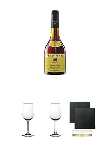 Torres 10 Jahre Brandy Gran Reserva spanischer Brandy 0,7 Liter + 2 Bugatti Nosing Gläser mit Eichstrich 2cl und 4cl + 2 Schiefer Glasuntersetzer eckig ca. 9,5 cm Ø von Diverse