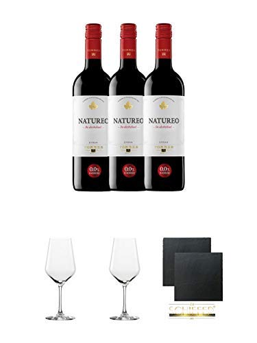 Torres Miguel Spanien NATUREO Alkoholfrei ROT Wein 3 x 0,75 Liter + Rotweinglas Stölzle - 3770001 1 Stück + Rotweinglas Stölzle - 3770001 1 Stück + Schiefer Glasuntersetzer eckig ca. 9,5 cm Ø 2 Stück von Unbekannt