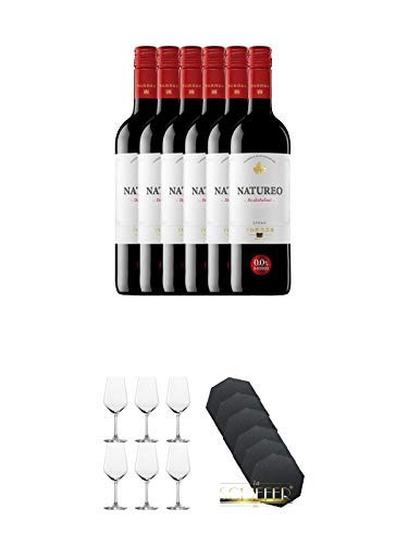 Torres Miguel Spanien NATUREO Alkoholfrei ROT Wein 6 x 0,75 Liter + Rotweinglas Stölzle - 3770001 6 Stück + Schiefer Glasuntersetzer achteckig 6 x ca. 9,5 cm Durchmesser von Unbekannt