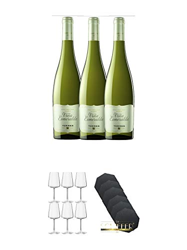 Torres Miguel Spanien VINA ESMERALDA WEISS Wein 3 x 0,75 Liter + Weißweinglas Stölzle - 1590002 6 Stück + Schiefer Glasuntersetzer achteckig 6 x ca. 9,5 cm Durchmesser von Unbekannt