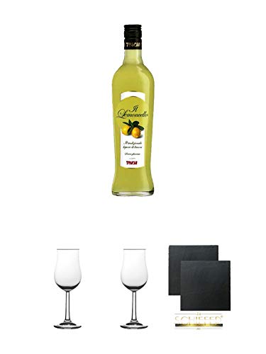 Toschi Lemoncello 0,7 Liter + 2 Bugatti Nosing Gläser mit Eichstrich 2cl und 4cl + 2 Schiefer Glasuntersetzer eckig ca. 9,5 cm Ø von Unbekannt