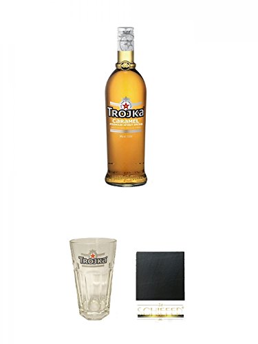 Trojka Caramel Likör mit Wodka CARAMEL 0,7 + Trojka Longdrinkglas 1 Stück + Schiefer Glasuntersetzer eckig ca. 9,5 cm Durchmesser von Unbekannt