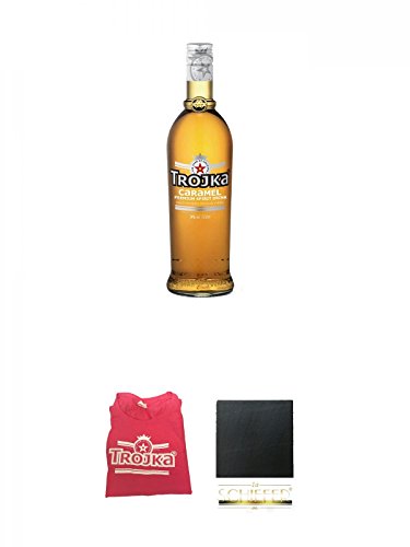 Trojka Caramel Likör mit Wodka CARAMEL 0,7 + Trojka T-Shirt pink Gr. M Gratis Zugabe + Schiefer Glasuntersetzer eckig ca. 9,5 cm Durchmesser von Unbekannt