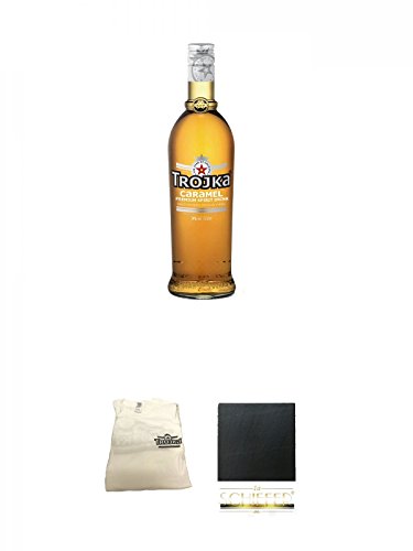 Trojka Caramel Likör mit Wodka CARAMEL 0,7 + Trojka T-Shirt weiß Gr. XL Gratis Zugabe + Schiefer Glasuntersetzer eckig ca. 9,5 cm Durchmesser von Unbekannt