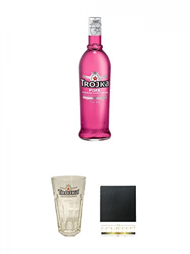 Trojka Cranberry Likör mit Wodka PINK 0,7 Liter + Trojka Longdrinkglas 1 Stück + Schiefer Glasuntersetzer eckig ca. 9,5 cm Durchmesser von Unbekannt
