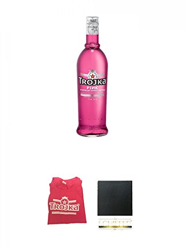 Trojka Cranberry Likör mit Wodka PINK 0,7 Liter + Trojka T-Shirt pink Gr. M Gratis Zugabe + Schiefer Glasuntersetzer eckig ca. 9,5 cm Durchmesser von Unbekannt