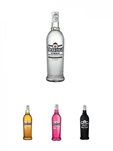 Trojka Vodka Pure Grain 0,7 Liter + Trojka Caramel Likör mit Wodka CARAMEL 0,7 + Trojka Cranberry Likör mit Wodka PINK 0,7 Liter + Trojka Beerenlikör mit Wodka BLACK 0,7 Liter von Unbekannt