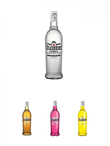 Trojka Vodka Pure Grain 0,7 Liter + Trojka Caramel Likör mit Wodka CARAMEL 0,7 + Trojka Cranberry Likör mit Wodka PINK 0,7 Liter + Trojka Zitrone Likör mit Wodka YELLOW 0,7 Liter von Unbekannt