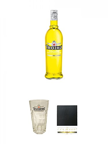 Trojka Zitrone Likör mit Wodka YELLOW 0,7 Liter + Trojka Longdrinkglas 1 Stück + Schiefer Glasuntersetzer eckig ca. 9,5 cm Durchmesser von Unbekannt