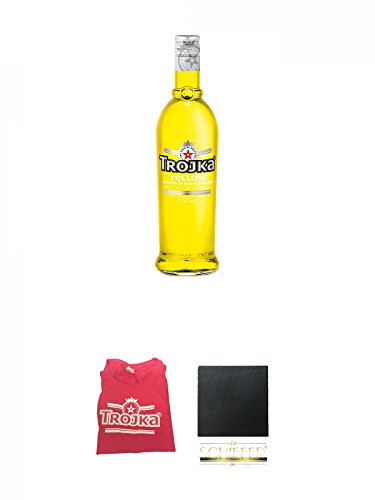 Trojka Zitrone Likör mit Wodka YELLOW 0,7 Liter + Trojka T-Shirt pink Gr. M Gratis Zugabe + Schiefer Glasuntersetzer eckig ca. 9,5 cm Durchmesser von Unbekannt